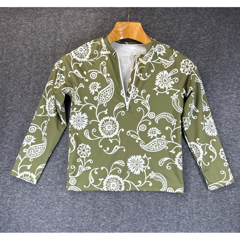Julia Amory Rash Guard Girls Size 10 Olive Paisley Quarter Zip Designer Swim Top